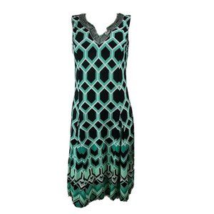 JM COLLECTION Green Black Geometric Beaded Sequin Neckline Dress PM Petite M